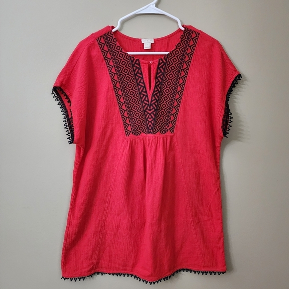 J. Crew Tops - J. Crew Red Navy Blue Embroideeed Pom Pom Tunic Cotton Top Size S Women